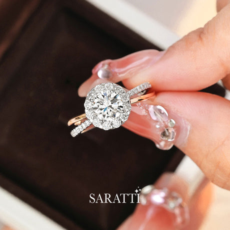 Round Diamond Halo Ring in 18K White and Rose Gold | Saratti