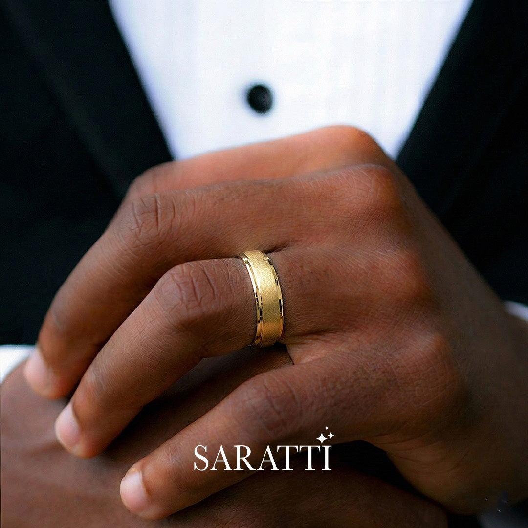 Two tone mens wedding band brushed finish design detail in 18K yellow gold | SARATTI
