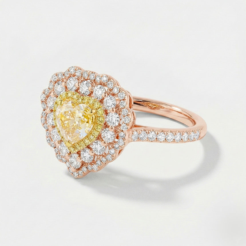 Vintage Yellow Diamond engagement ring Side view yellow diamond centerpiece in 18K rose gold | SARATTI