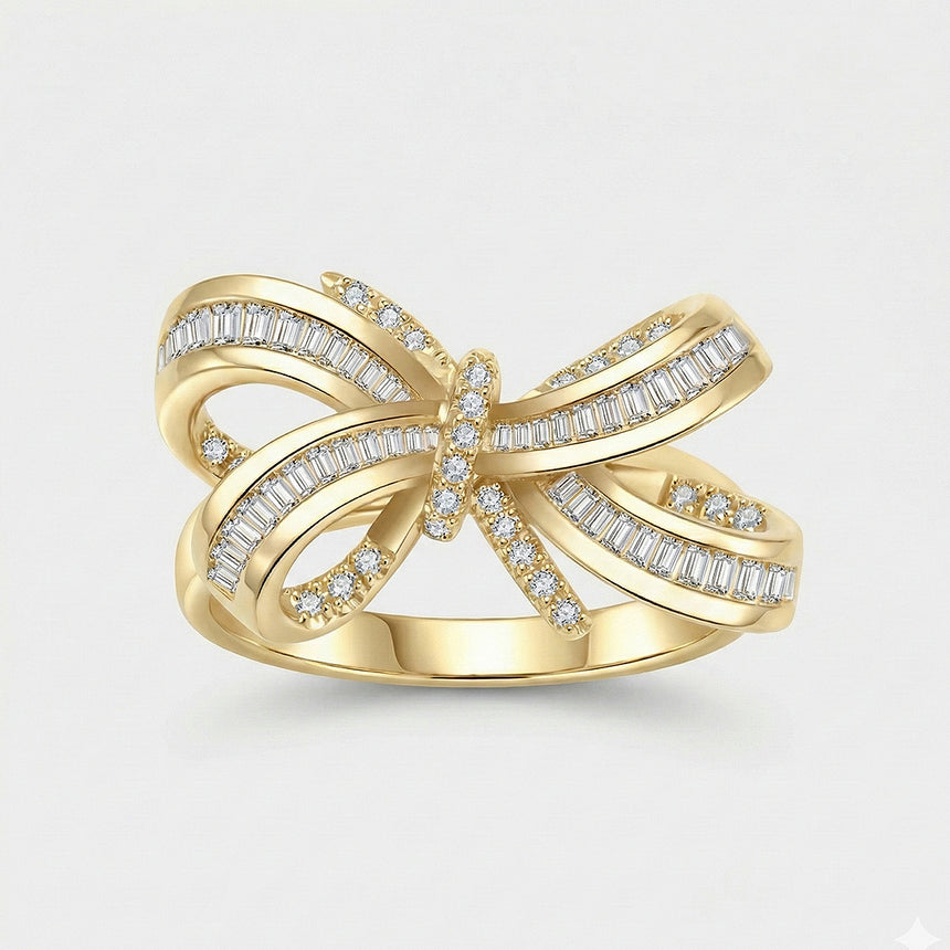 Yellow Gold version of Baguette Diamond Engagement Ring Ribbon Design | SARATTI