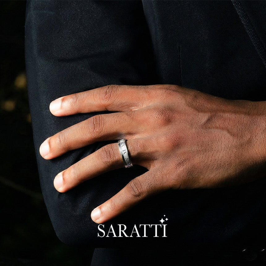 Roman Numeral ring engraved numeral design detail in platinum | SARATTI