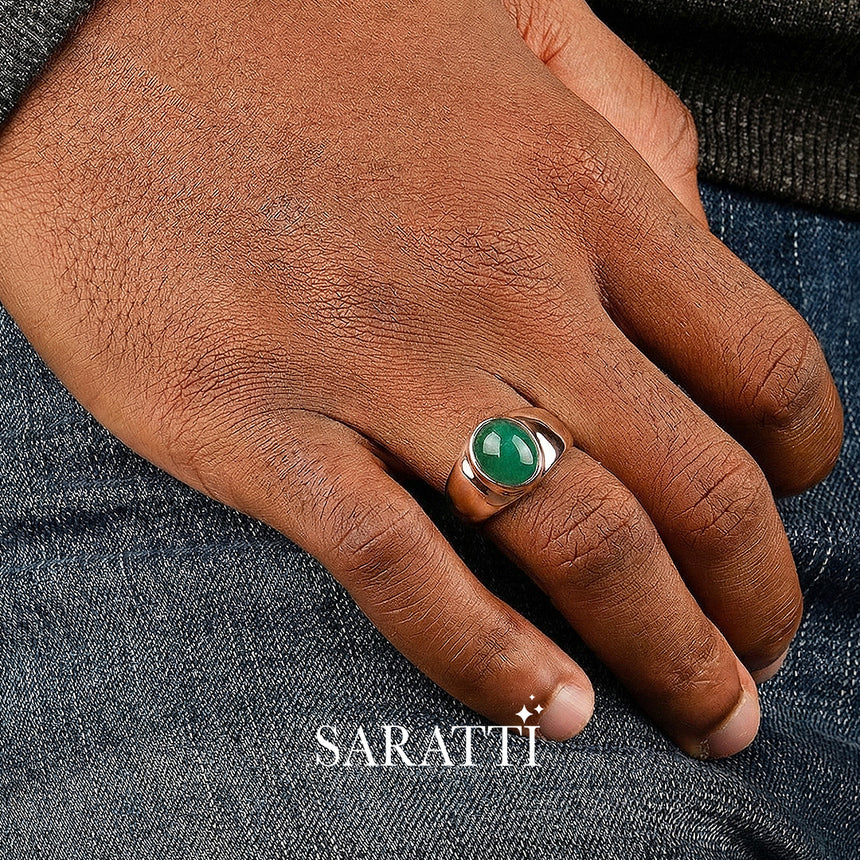 Mens emerald ring oval cabochon gemstone ring in 18K rose gold | SARATTI