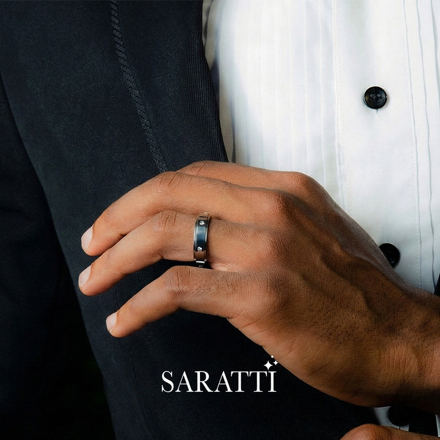 6mm mens wedding band with diamonds worn on hand in platinum | SARATTI