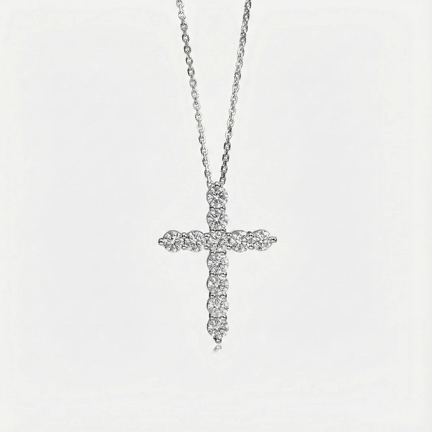 Round Lab Grown Diamond Cross Necklace in Platinum with Cable Chain in 18K White Gold - SARATTI
