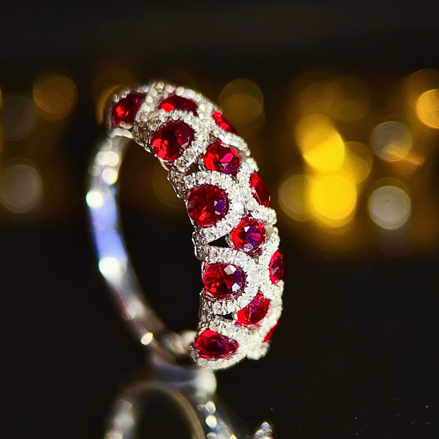 Round Ruby Diamond Halo Ring in 18K White Gold