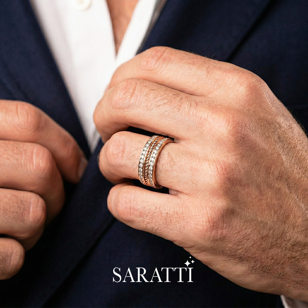 Round diamond wedding band with structured channels and polished 18K rose gold - SARATTI