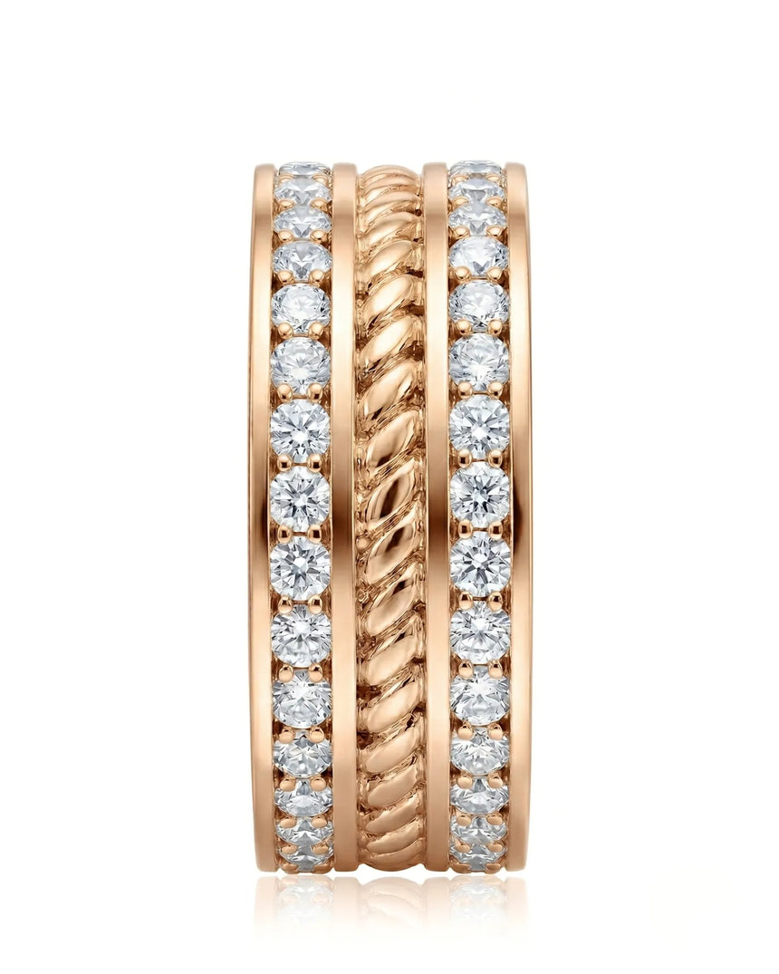 Round diamond wedding band with structured channels and polished 18K rose gold | SARATTI