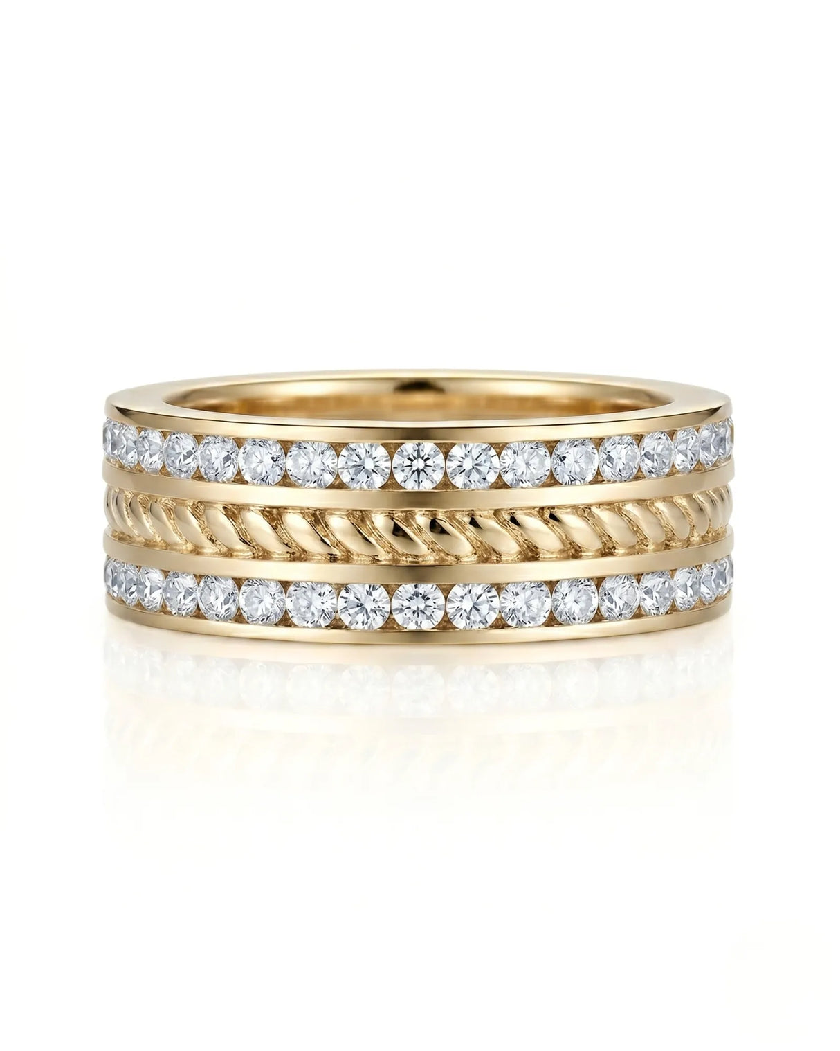 Round diamond wedding band with structured channels and polished 18K yellow gold | SARATTI