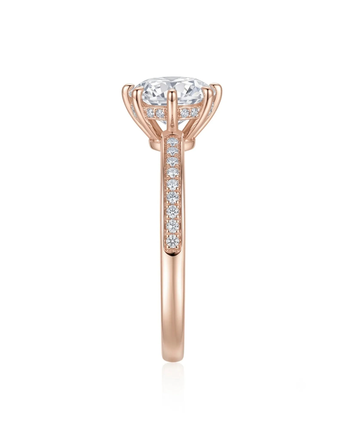 Round moissanite engagement ring with pavé band in romantic rose gold | SARATTI