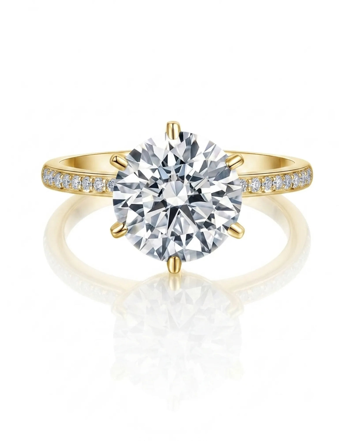 Round moissanite engagement ring with pavé band in warm yellow gold | SARATTI