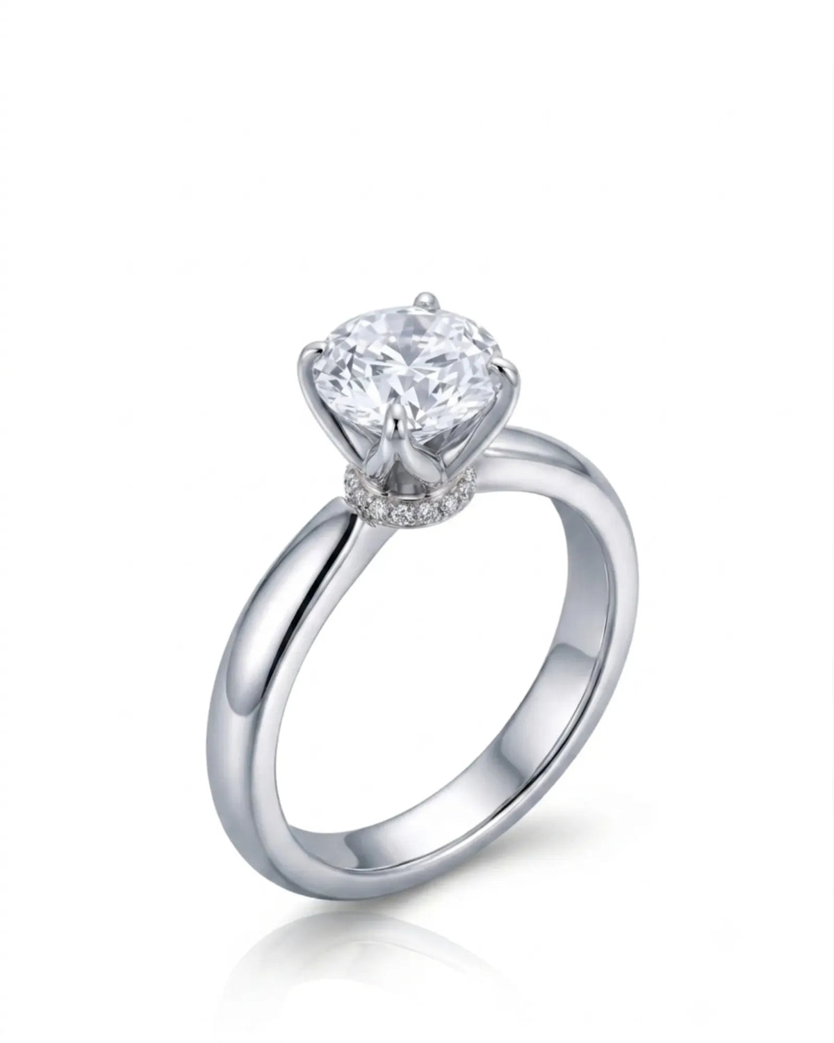 Round moissanite promise ring with tulip prongs and hidden pavé detail crafted in platinum | SARATTI
