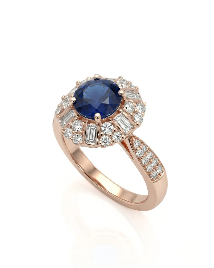 Round royal blue sapphire ring with floral diamond halo in 18K rose gold | SARATTI