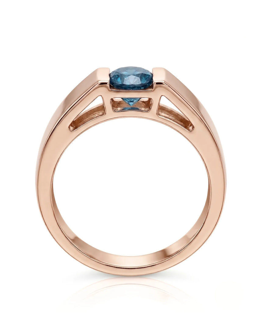 Round treated blue diamond displayed without side stones against polished 18K rose gold | SARATTI