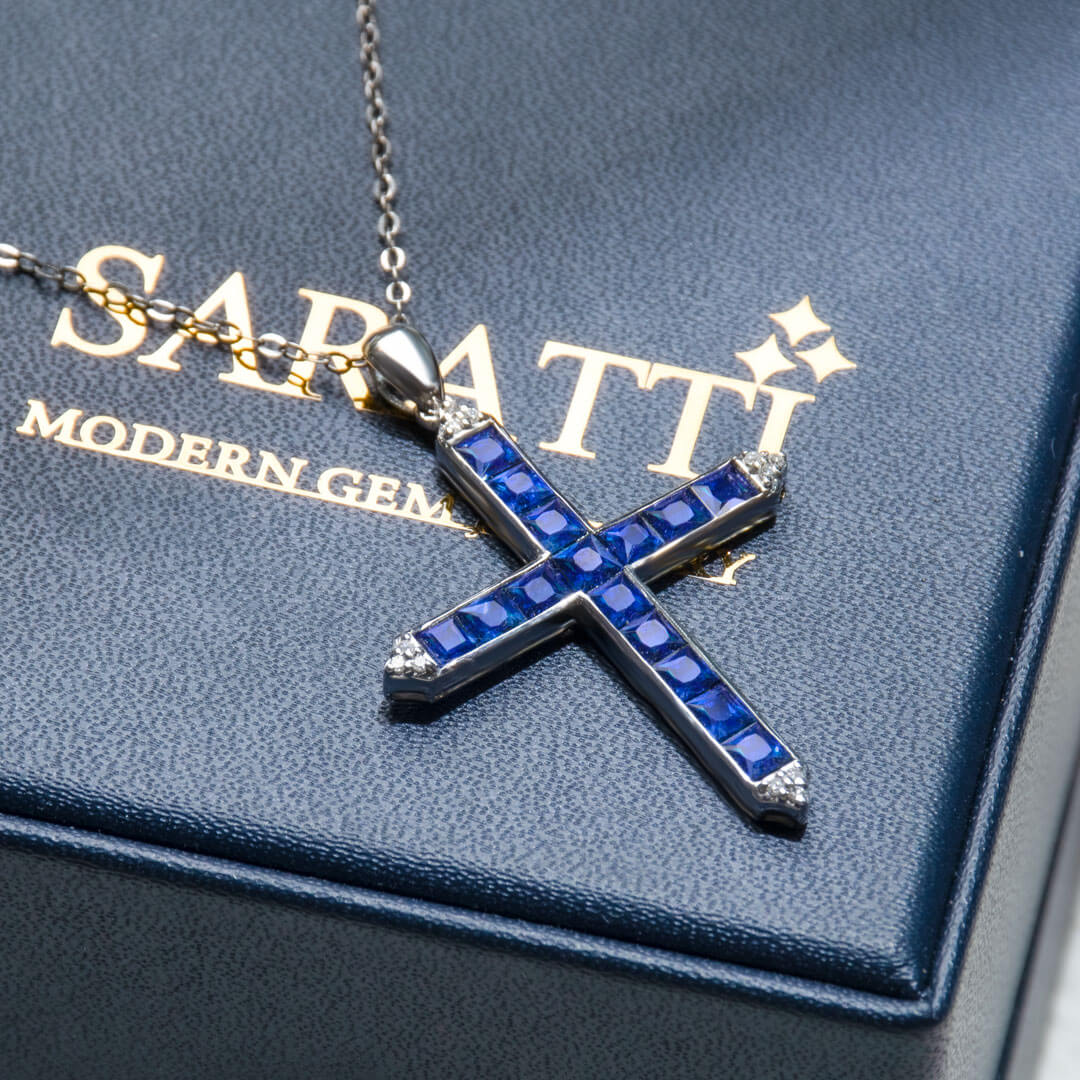 Natural Sapphire Sanctity Necklace in 18K White Gold on jewelry box | Saratti