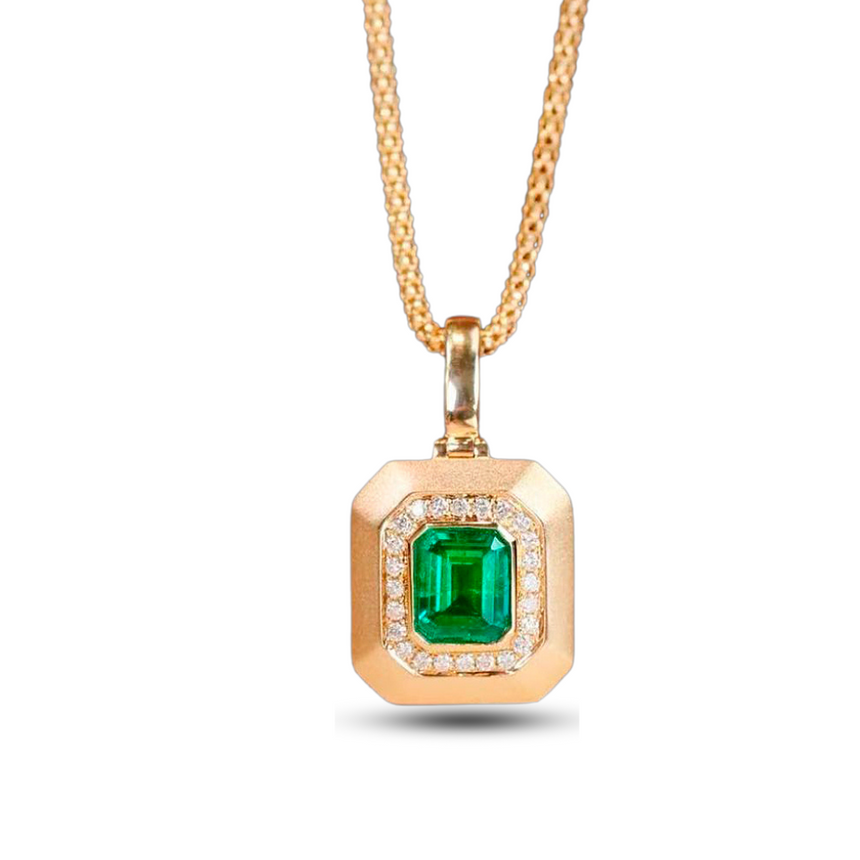 Royal Prism: Natural Emerald Diamond Halo Pendant in 18K Yellow Gold