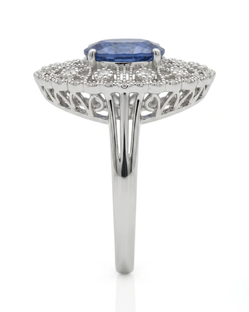 Royal blue oval sapphire ring with round brilliant diamonds in white gold - SARATTI