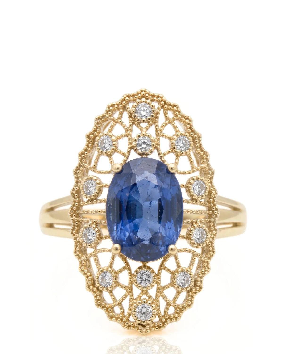 Royal blue oval sapphire ring with round brilliant diamonds in yellow gold - SARATTI