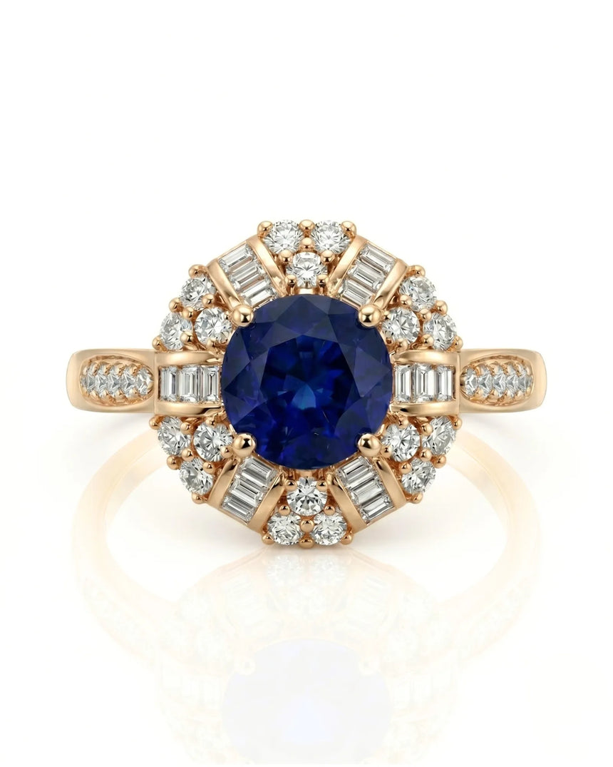 Royal blue round sapphire ring with mixed diamond halo in 18K yellow gold | SARATTI