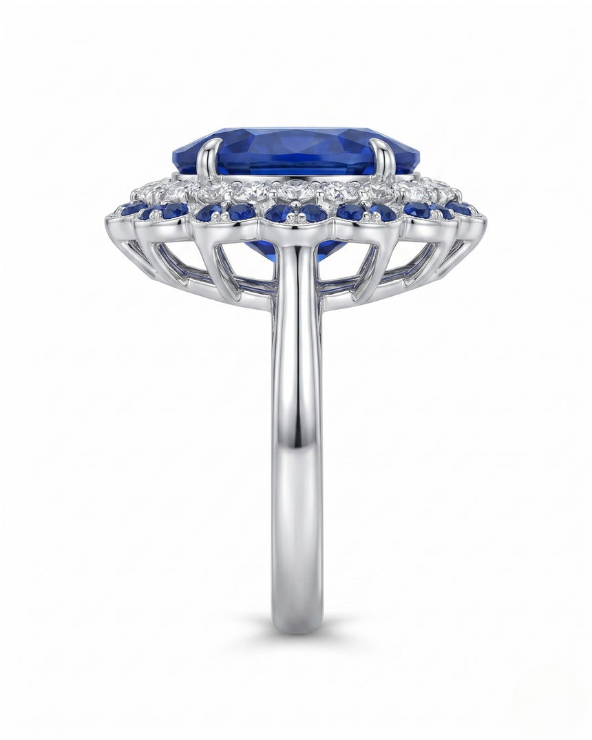 Royal blue sapphire and diamond ring in 18K white gold for anniversary gifting | SARATTI