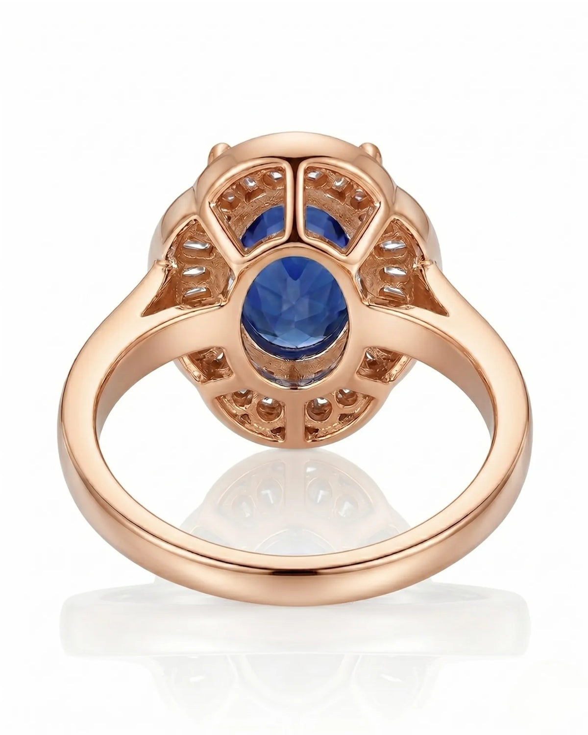 Royal blue sapphire engagement ring with diamond halo for vintage proposals in 18K rose gold | SARATTI