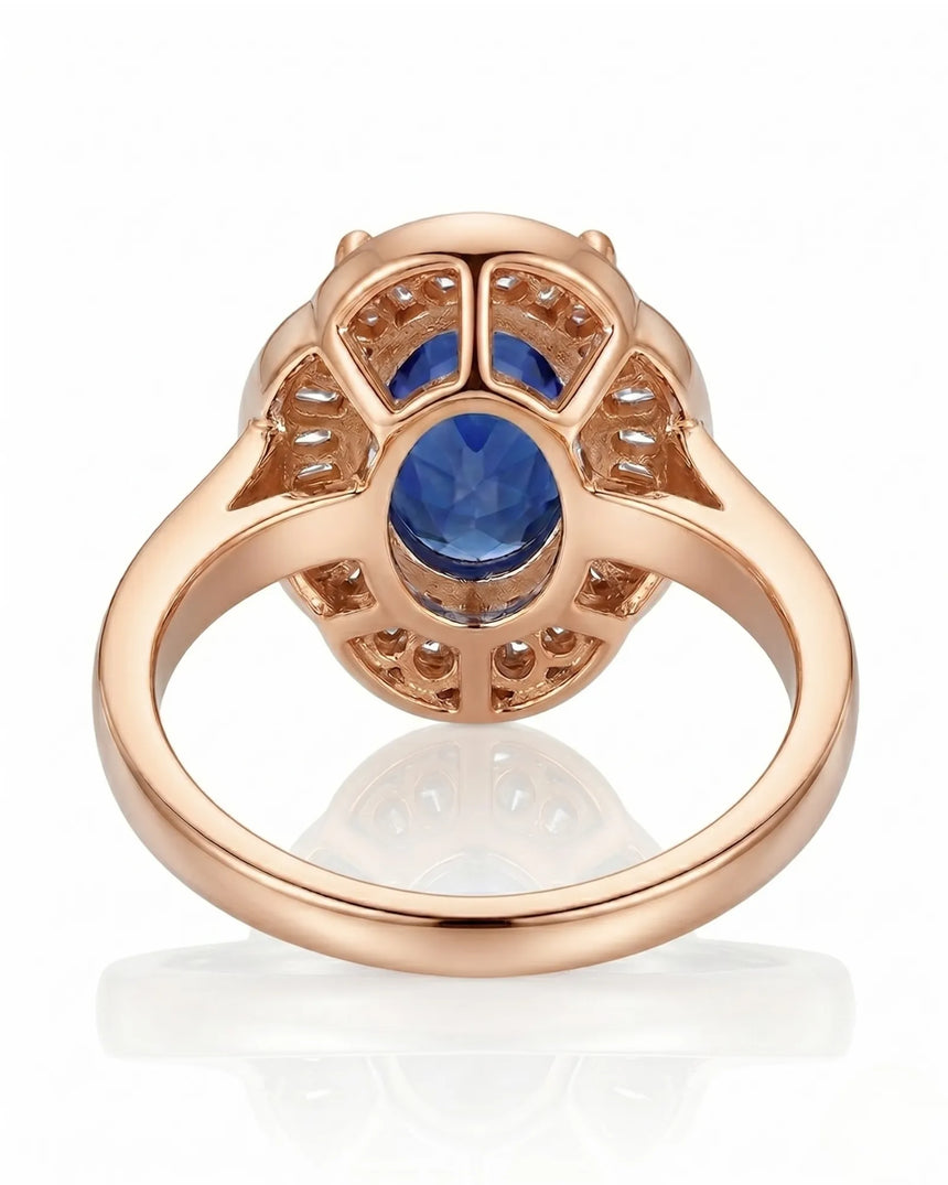 Royal blue sapphire engagement ring with diamond halo for vintage proposals in 18K rose gold | SARATTI