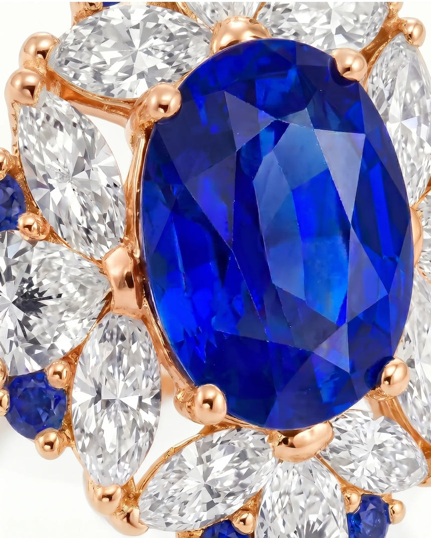 Royal sapphire ring with pear marquise and round diamond halo in 18K rose gold | SARATTI