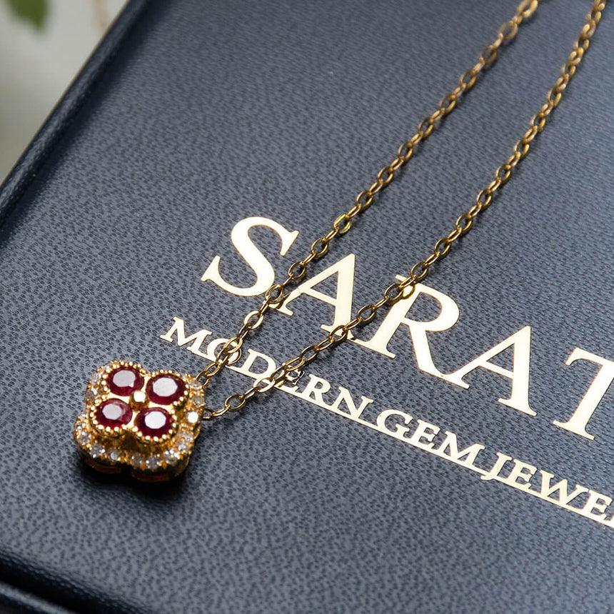 Yellow Gold Crimson Quad Ruby Pendant with Diamond Halo | Saratti Fine Jewelry