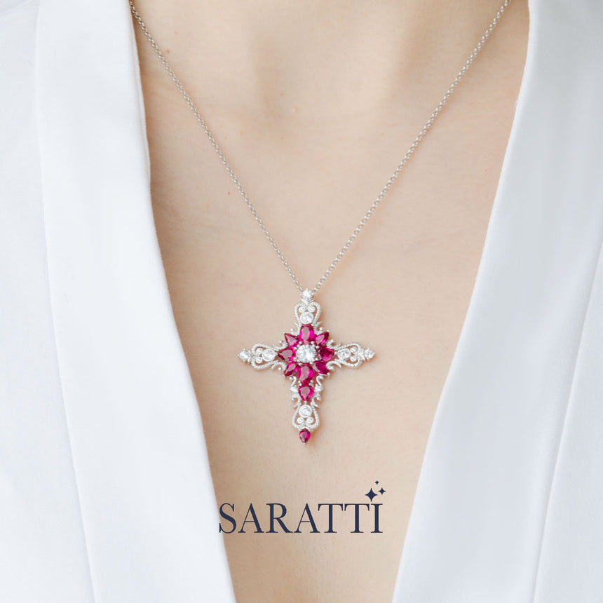 Ruby Cross Necklace on Neck | Saratti Jewelry High Jewelry