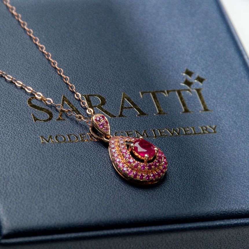 Pink Natural Ruby Side Stones of the Mogok Rose Red Ruby Pendant | Saratti Fine Jewelry