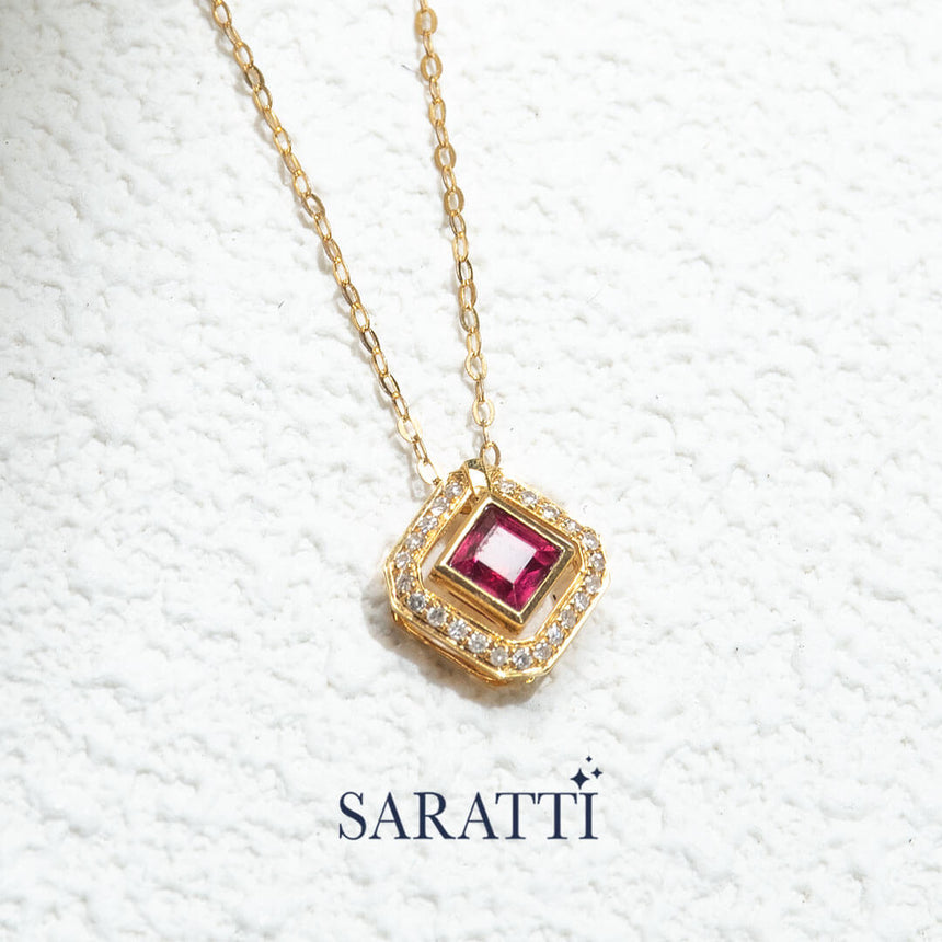 Close up Shot of the Red Citadel Ruby Pendant | Saratti Fine Jewelry