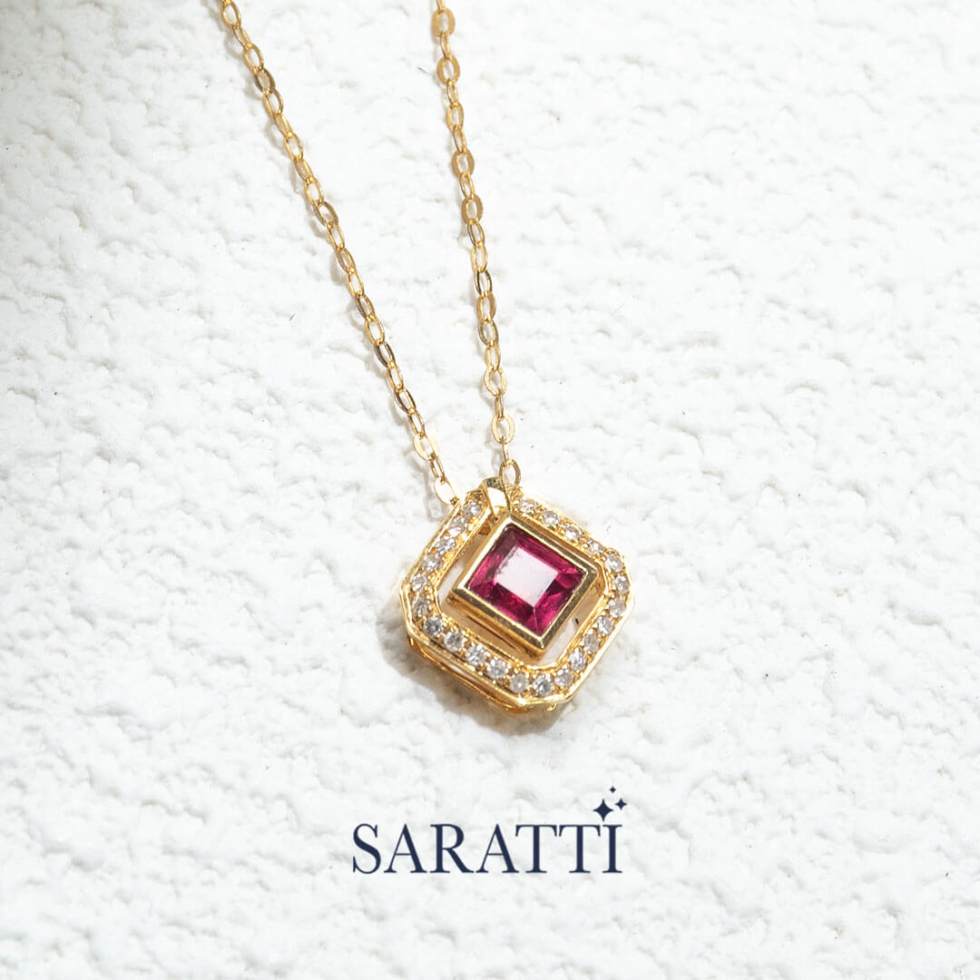 Close up Shot of the Red Citadel Ruby Pendant | Saratti Fine Jewelry