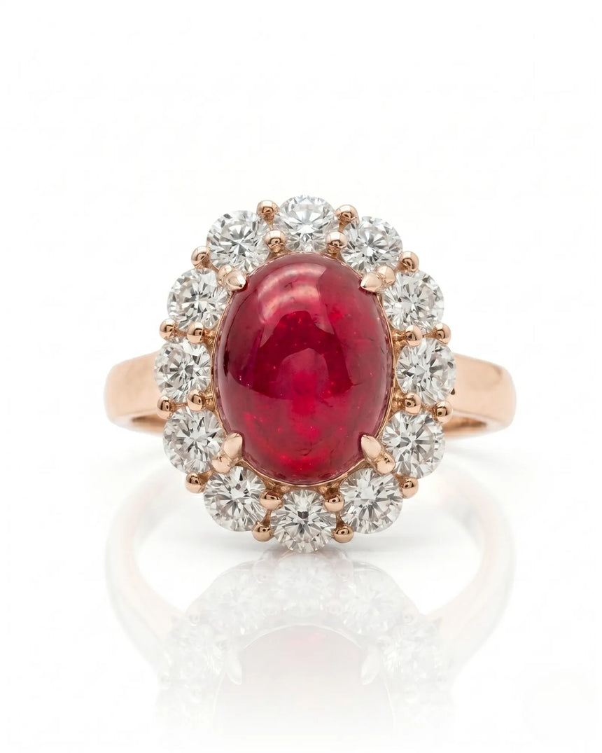 Ruby and diamond anniversary ring with oval center stone in 18K rose gold - SARATTI