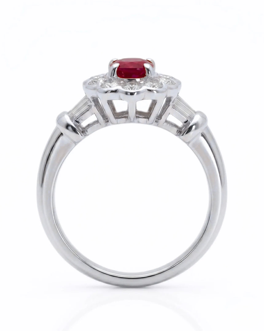 Ruby and diamond engagement ring with classic halo in 18K white gold | SARATTI