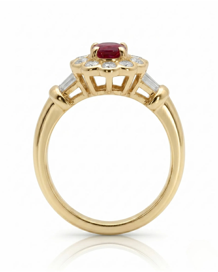Ruby and diamond engagement ring with classic halo in 18K yellow gold | SARATTI