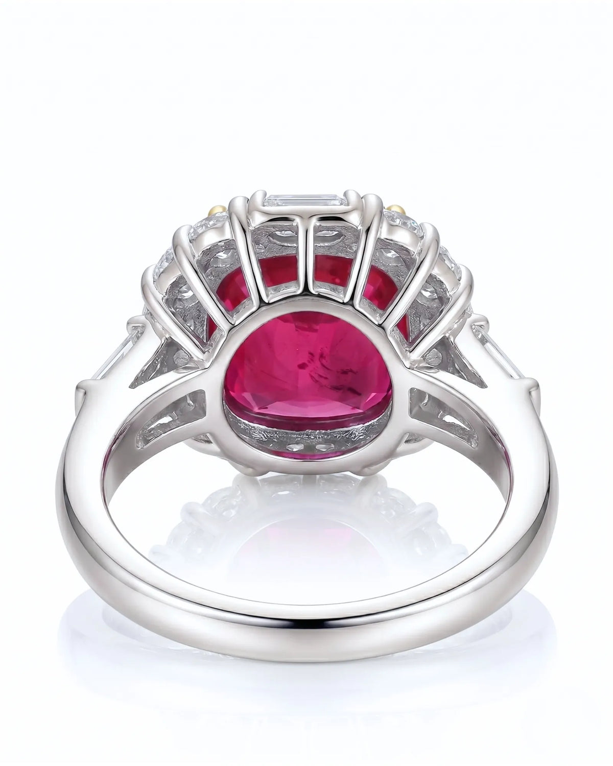 Ruby and diamond engagement ring with cushion center stone in platinum | SARATTI