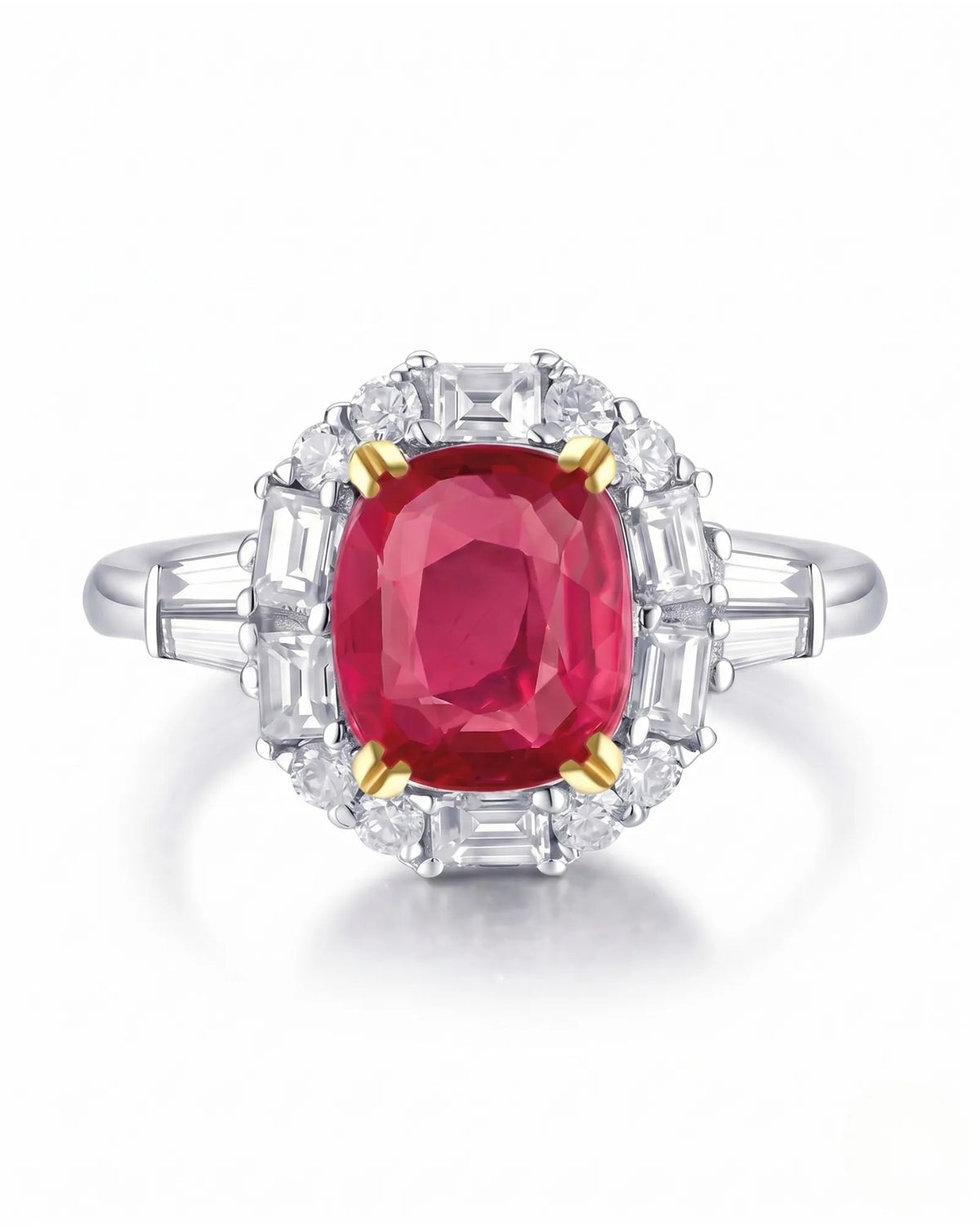 Ruby and diamond engagement ring with cushion center stone in two tone - SARATTI
