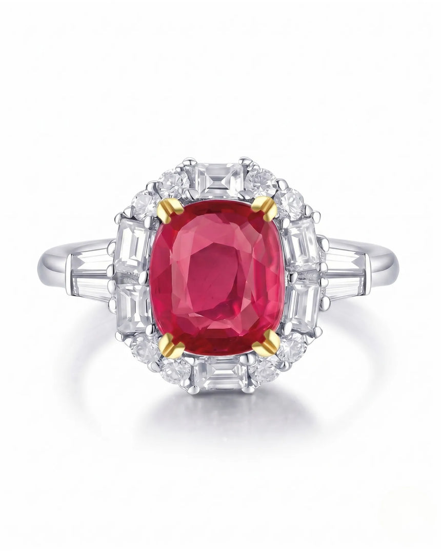 Ruby and diamond engagement ring with cushion center stone in two tone - SARATTI