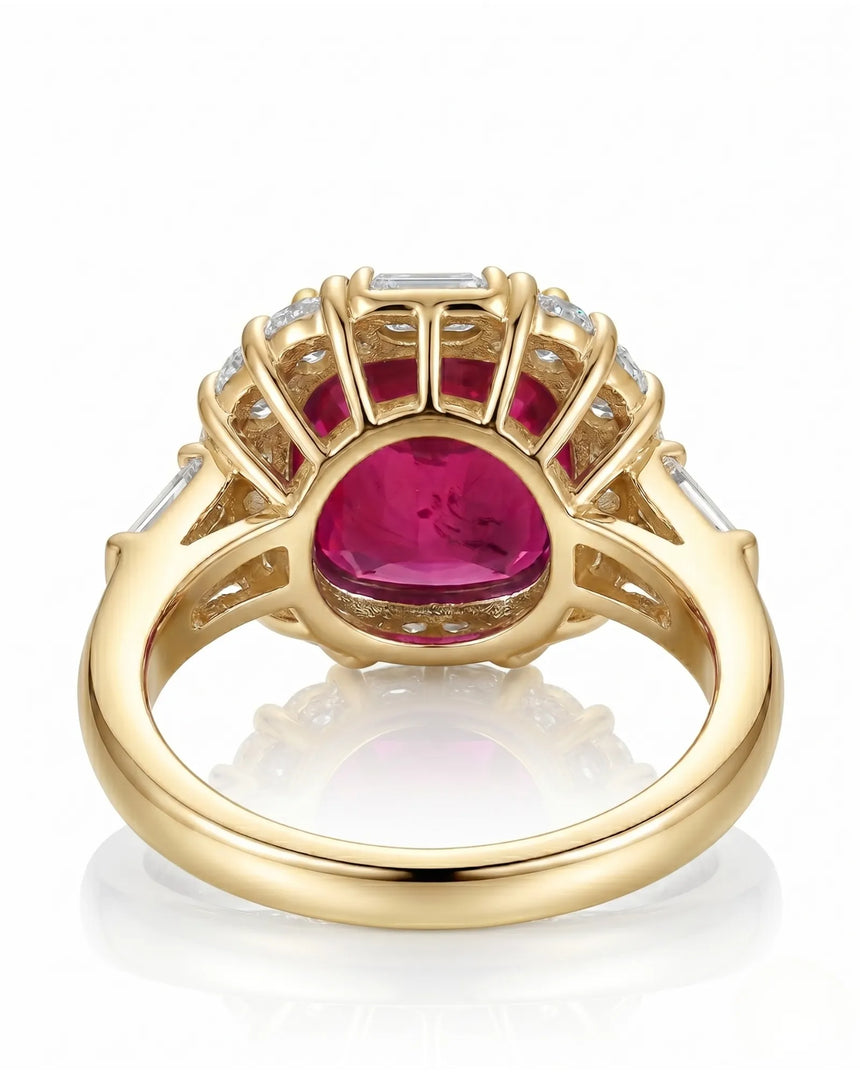 Ruby and diamond engagement ring with cushion center stone in yellow gold | SARATTI