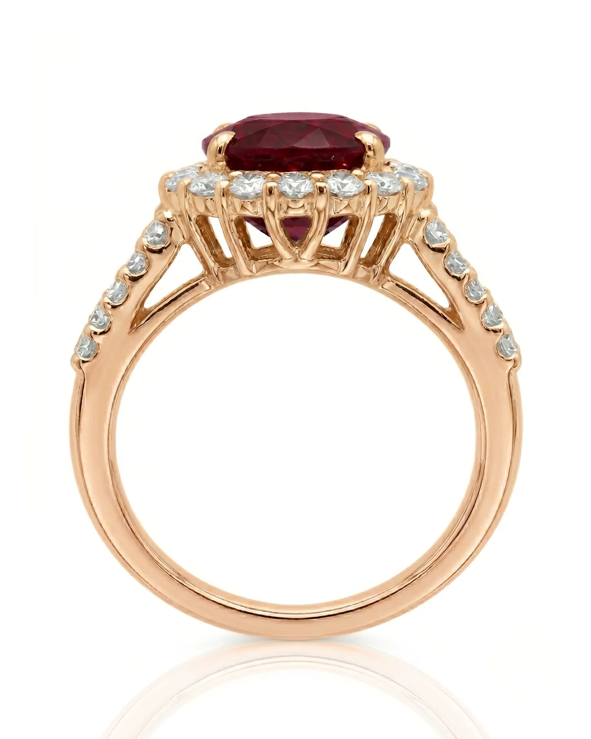 Ruby and diamond engagement ring with double halo in 18K rose gold | SARATTI