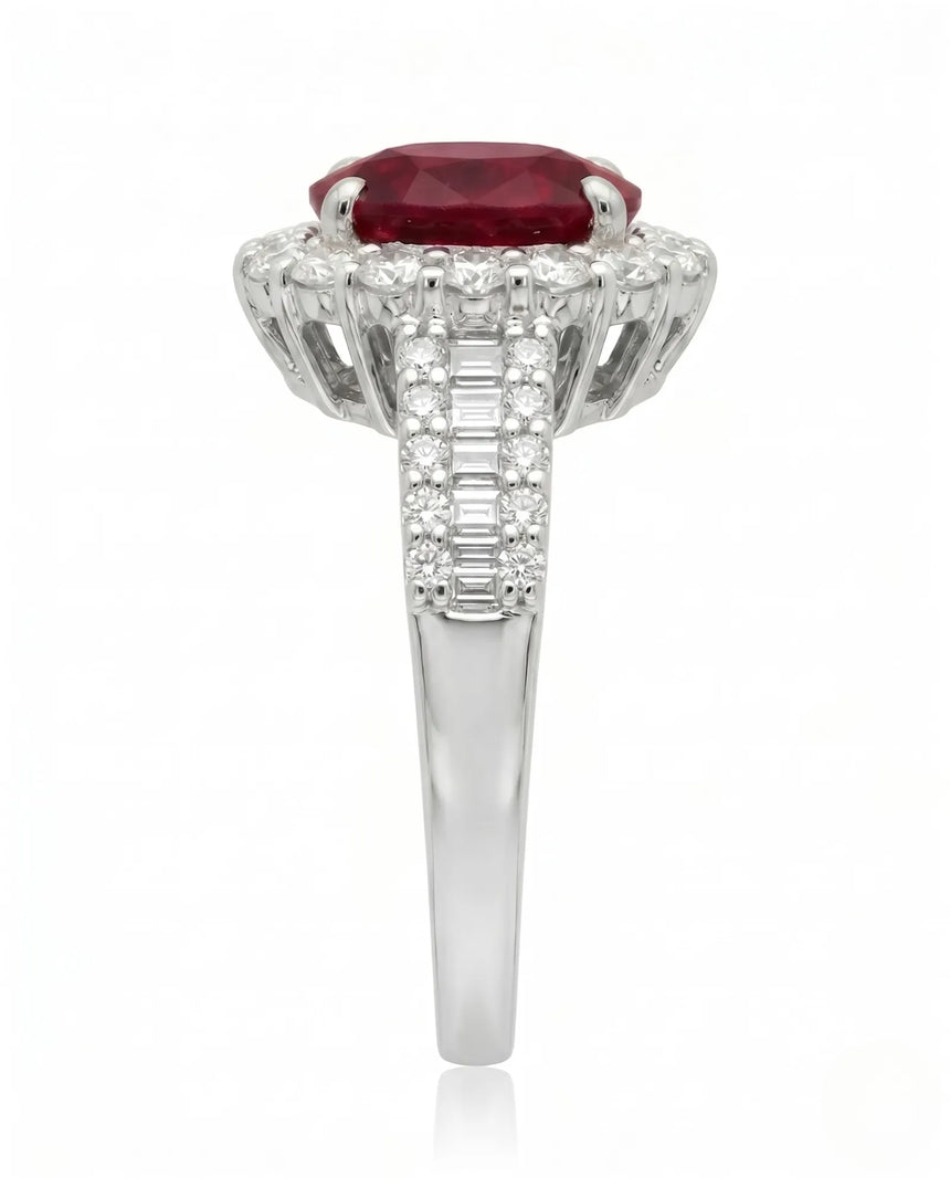 Ruby and diamond engagement ring with double halo in 18K white gold | SARATTI