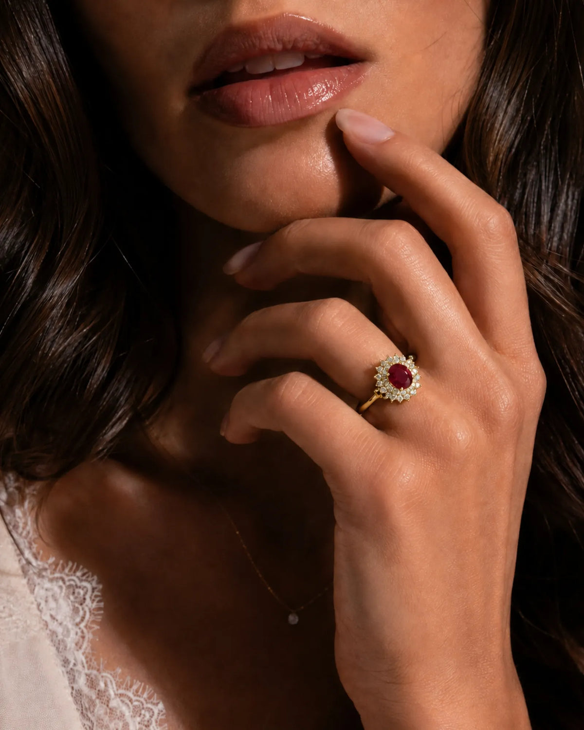 Ruby and diamond engagement ring with double halo in 18K yellow gold - SARATTI