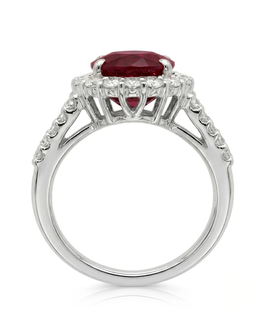 Ruby and diamond engagement ring with double halo in refined platinum - SARATTI
