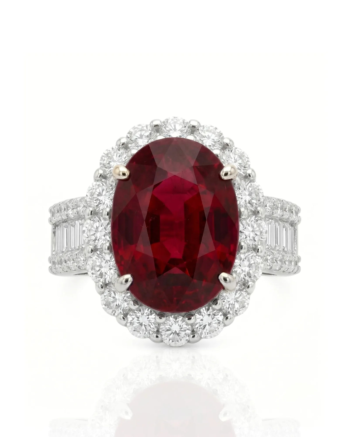 Ruby and diamond engagement ring with double halo in refined platinum | SARATTI