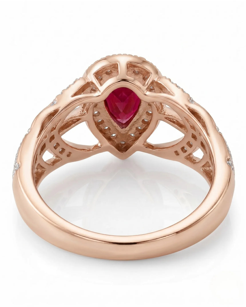 Ruby and diamond engagement ring with split shank in 18K rose gold | SARATTI
