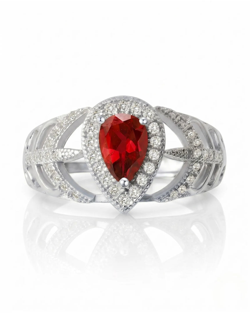 Ruby and diamond engagement ring with split shank in 18K white gold | SARATTI