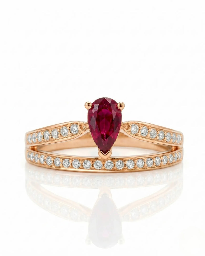 Ruby and diamond gift ring with graceful split shank in 18K rose gold | SARATTI