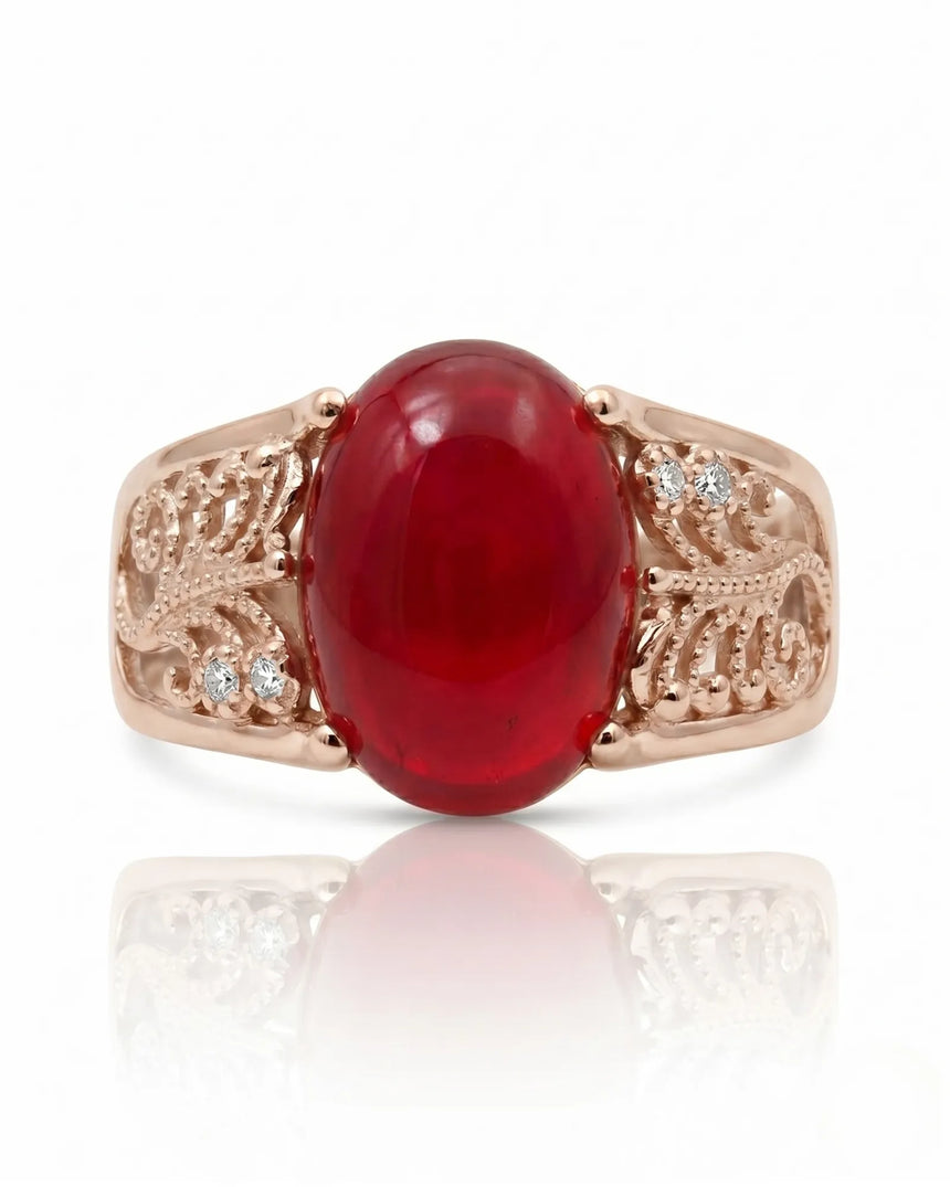 Ruby and diamond statement ring with artistic scrollwork in 18K rose gold | SARATTI