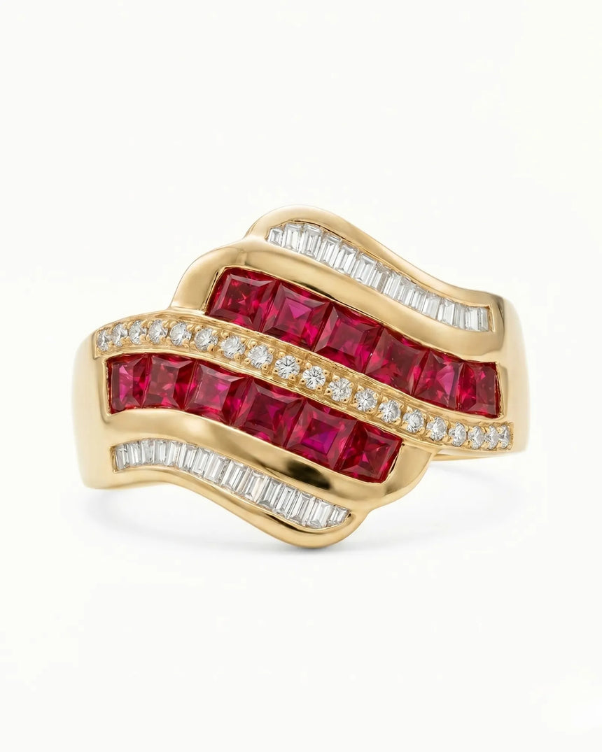 Ruby and diamond statement ring with wide channel design in 18K yellow gold | SARATTI