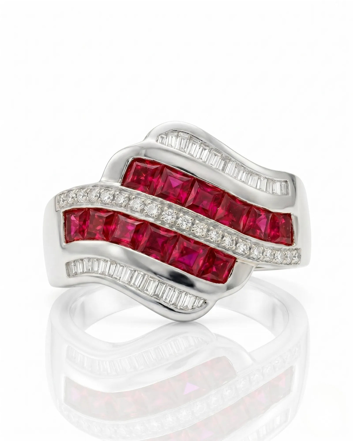 Ruby and diamond statement ring with wide channel design in refined platinum | SARATTI