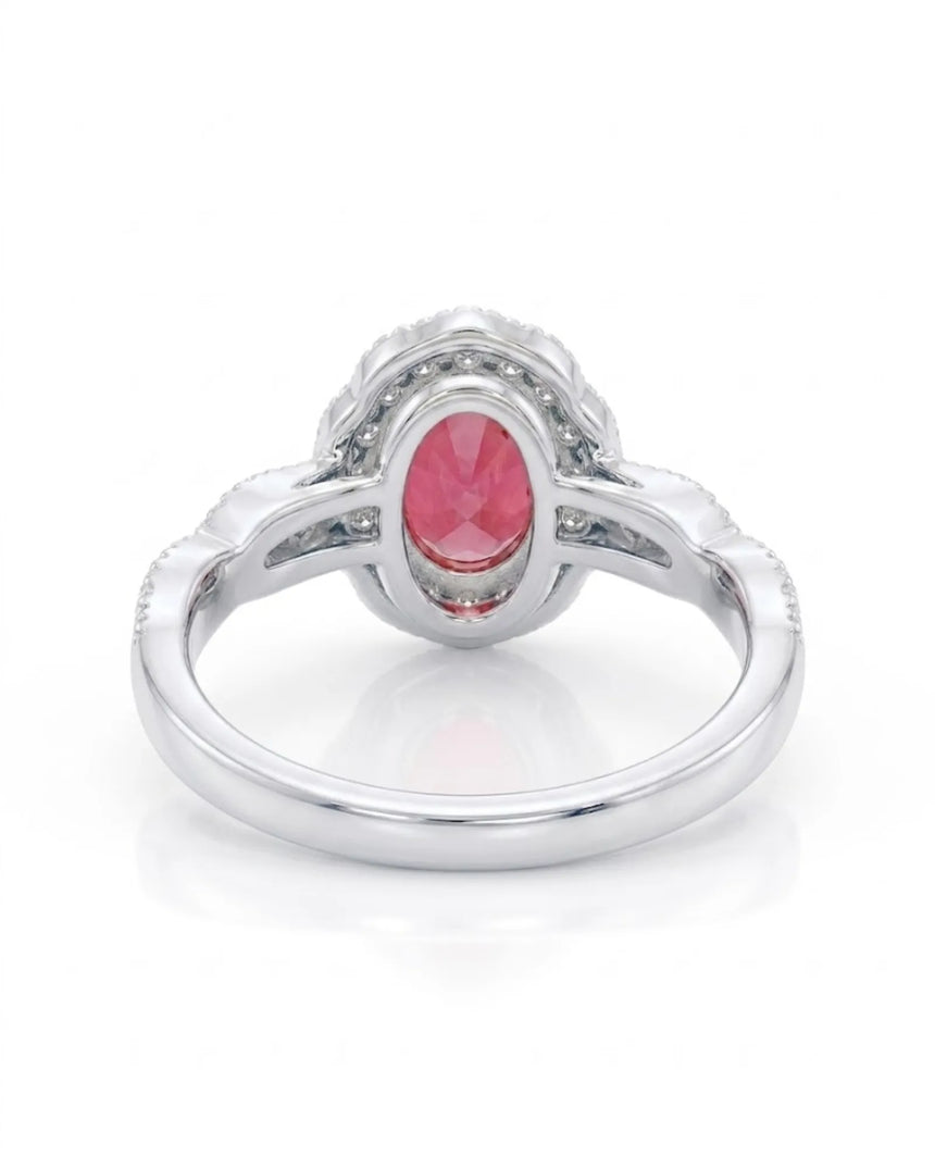 Ruby centerpiece ring diamond halo 18K white gold | SARATTI